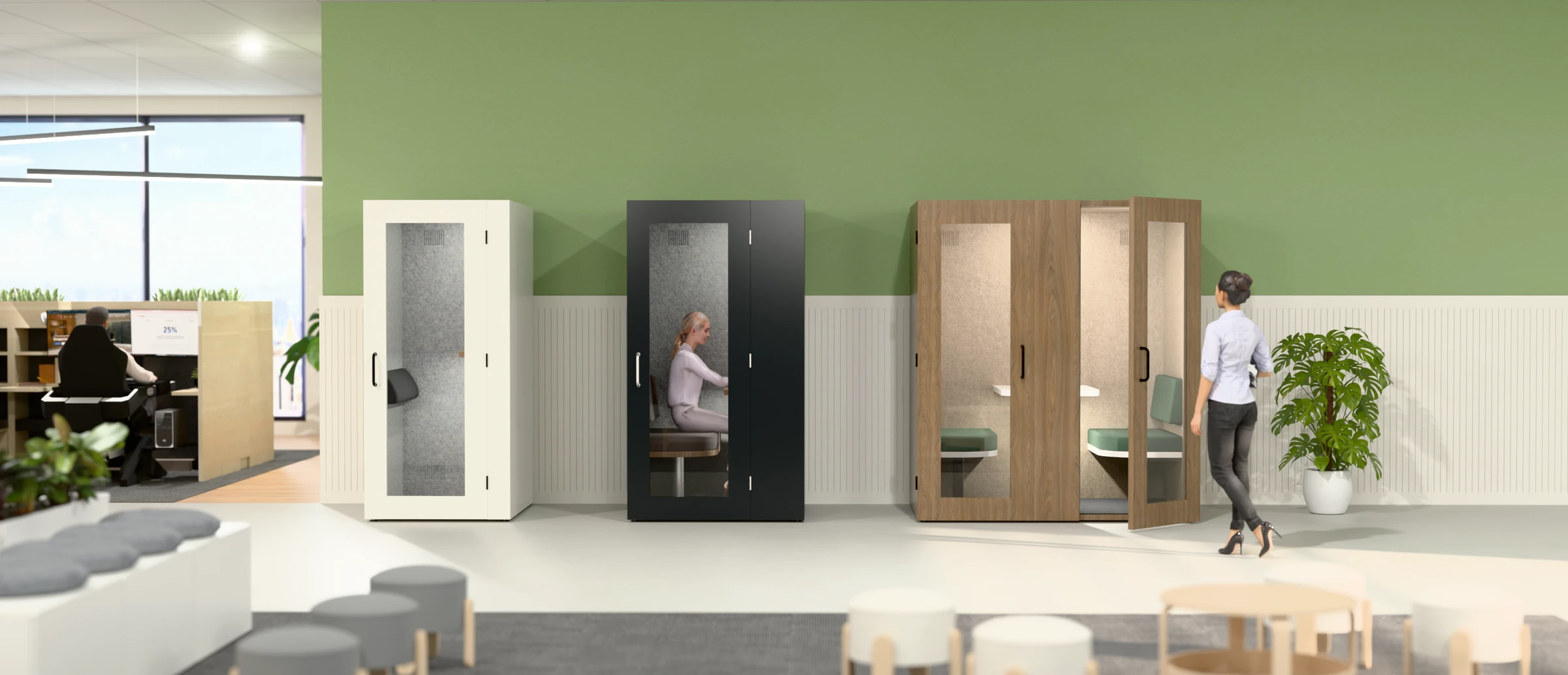 Cabines acoustiques mises en scène dans un bureau